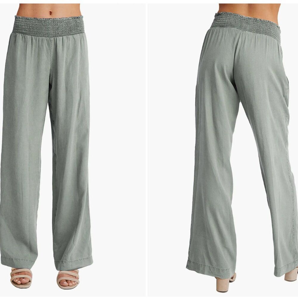 Bella Dahl Womens Smock Waist Wide Leg Pants Bohemian in Olive Grov Size Medium